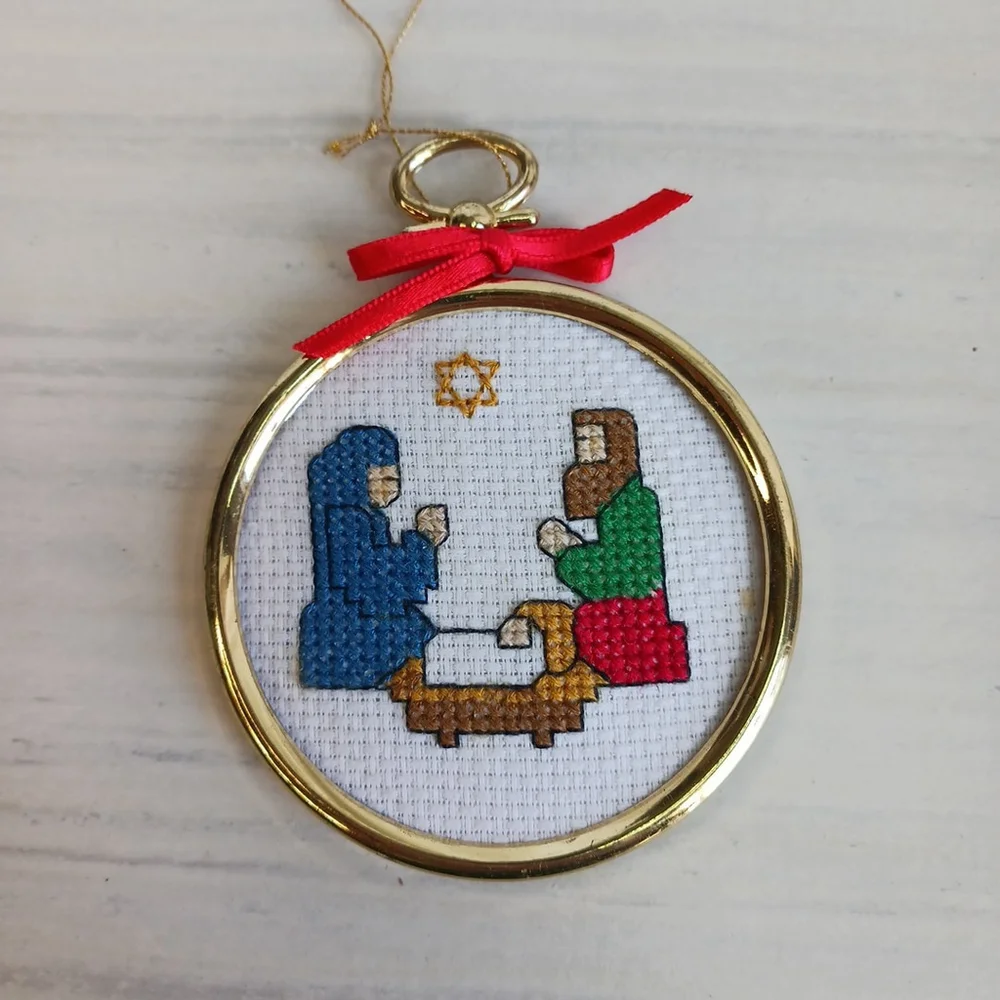 Vintage Nativity Scene Cross Stitch Christmas Ornament